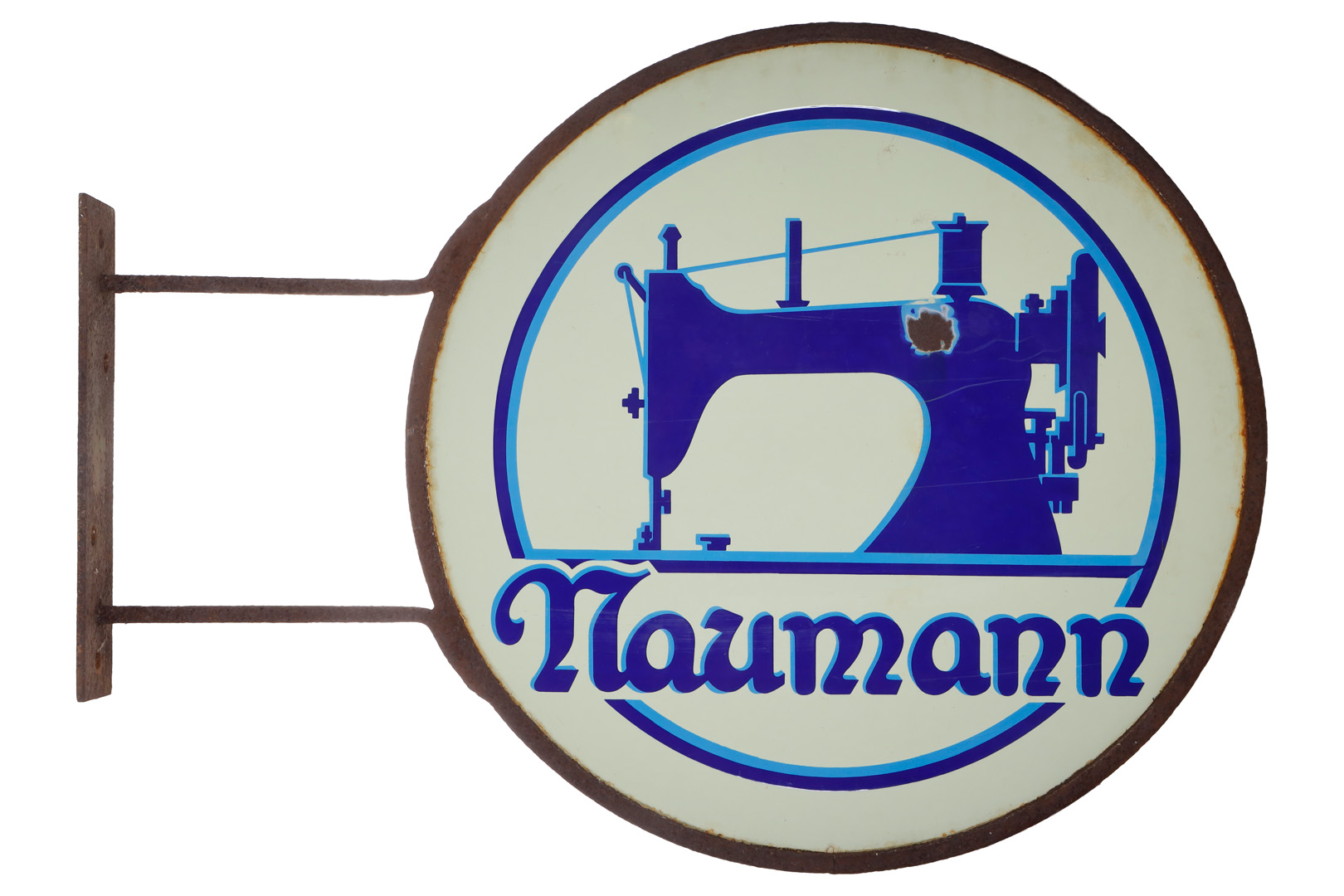 Stativ med emaljeret reklameskilt "Naumann Nähmaschinen"