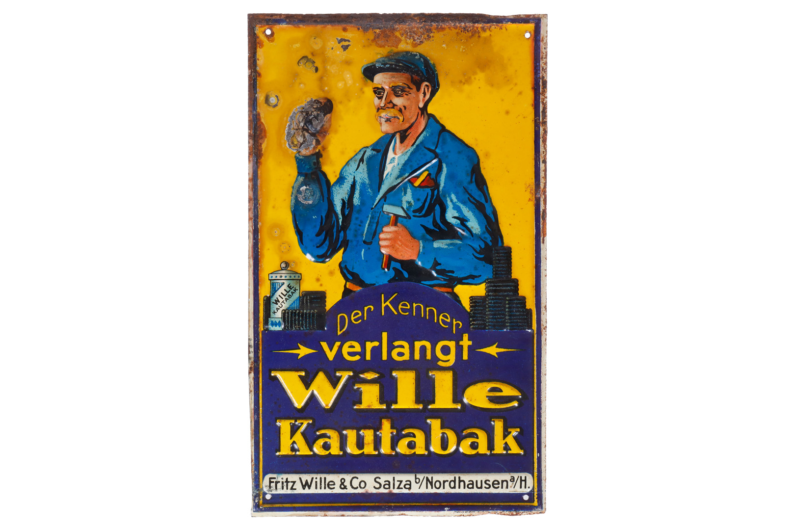 Cartel publicitario de hojalata repujado "Wille Kautabak"