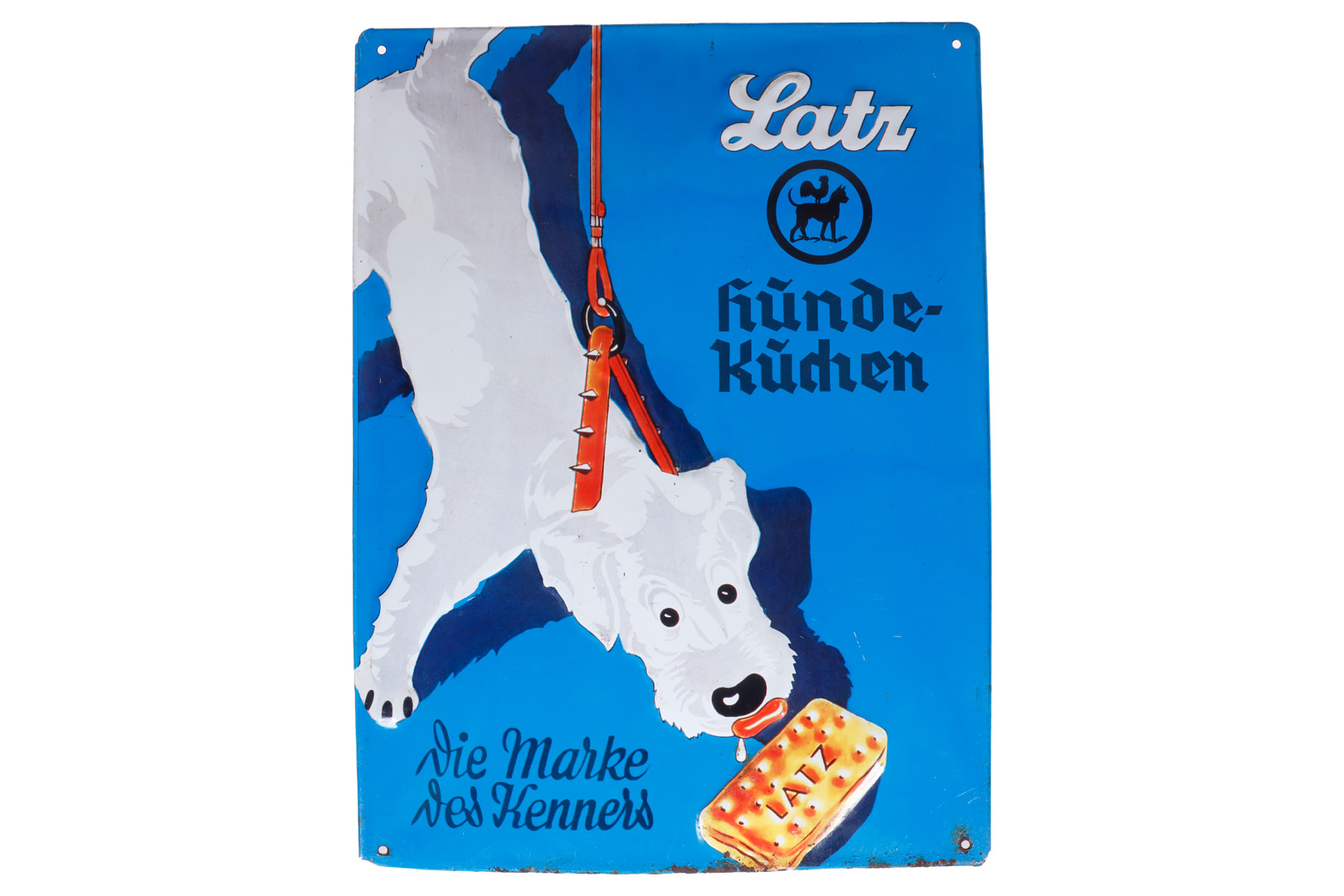 Placă publicitară din tablă curbată și embosată "Latz Hundekuchen"