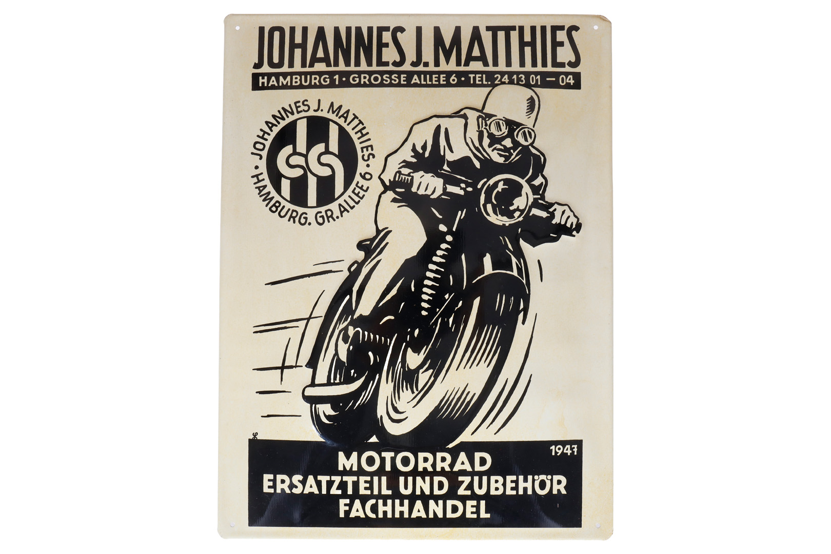 Placă publicitară din tablă bombată și embosată „Motorrad Matthies”