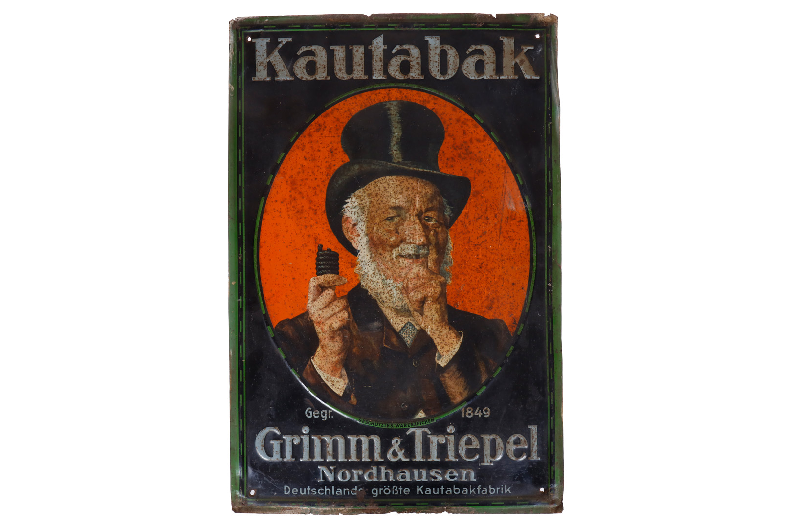 Letrero publicitario de hojalata repujado "Grimm & Triepel Kautabak"