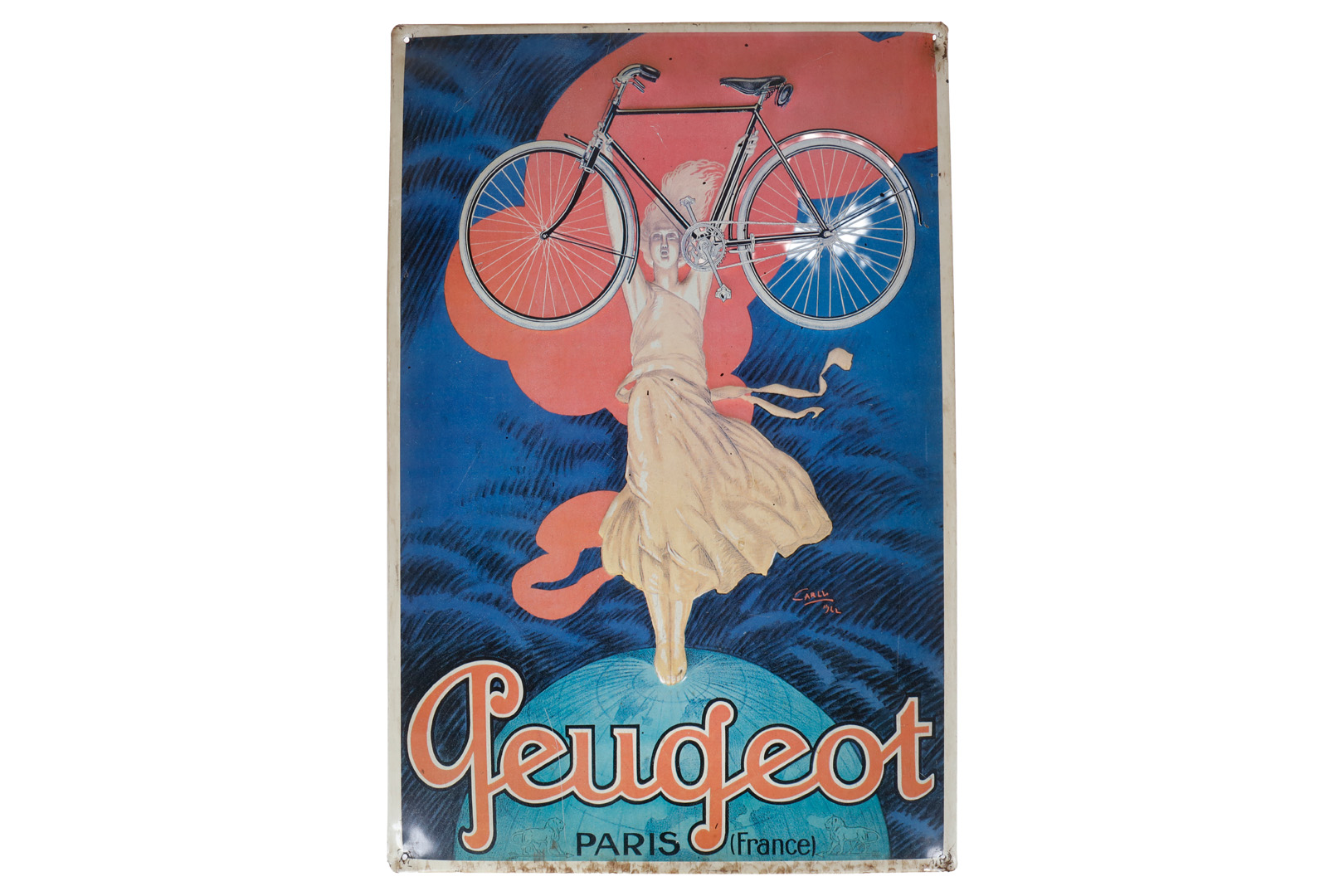 Placă publicitară din tablă embosată și bombată „Peugeot Fahrrad”