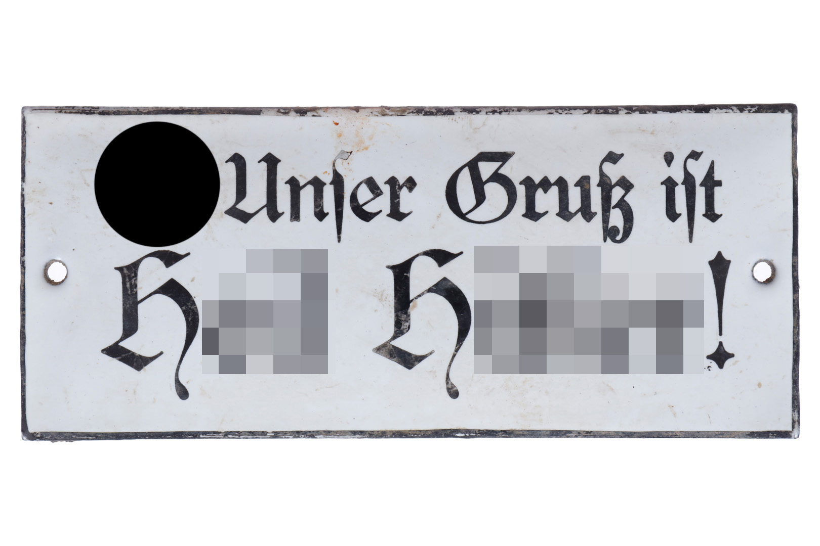 Vanha pieni kaareva emalikyltti "Unser Gruß ist ..."