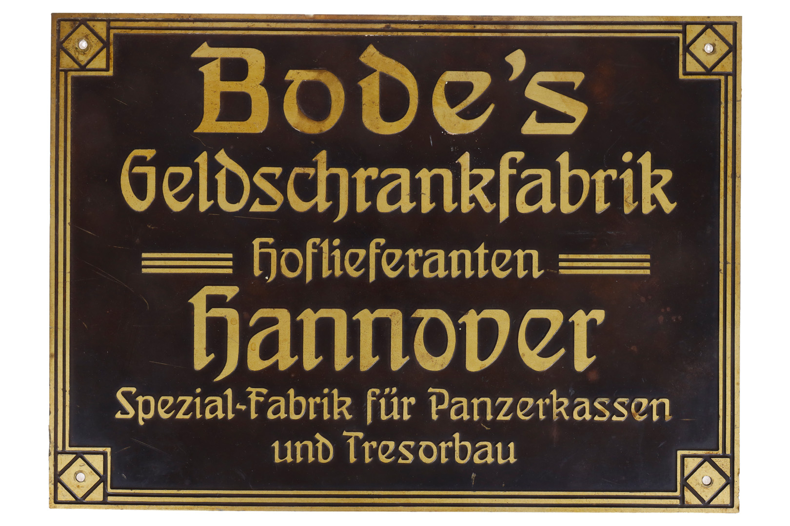 उत्कीर्ण पीतल पट्टिका "Bode`s Geldschrankfabrik"